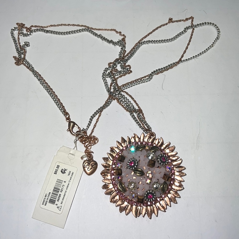 Betsey Johnson Two color necklace w big flower. Copper and silver nwt